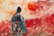 Capture the essence of honor and tradition with a watercolor rear view hyalotype depicting a stoic Yakuza member contemplating ancient philosophies in a vibrant