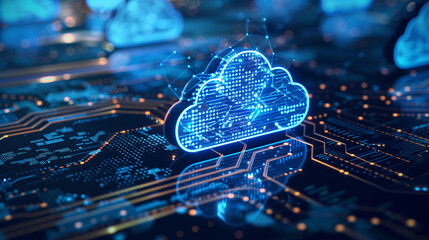 Poster - A digital illustration of cloud computing with glowing connections and data streams on a circuit board background.