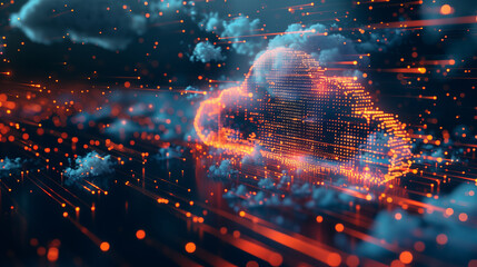 Poster - A digital illustration of cloud computing with glowing connections and data streams on a circuit board background.