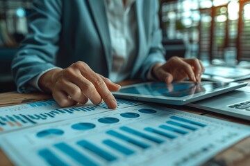Poster - Professional Analyzing Financial Reports on Tablet. Close-up of a professional's hands analyzing detailed financial reports on a tablet, reflecting thorough business analysis and strategy.
