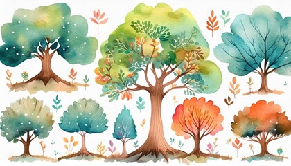 Naklejka na meble Tree set collection watercolor clipart cute isolated on white background