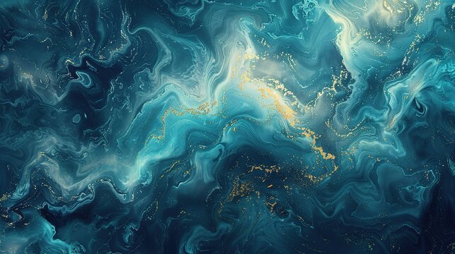 An abstract ocean background with swirling patterns of turquoise and teal waves, interspersed with hints of deep indigo and golden sunlight dancing across the surface