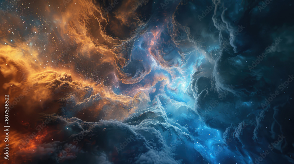 Abstract background of swirling nebulae and stars with two vibrant ...