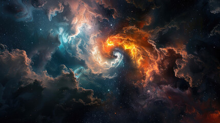 Abstract background of swirling nebulae and stars with two vibrant cosmic clouds colliding in a spectacular display of light and color