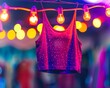 Neon bright tank top hanging in a festivalstyle tent with colorful lights, creating a vibrant and energetic atmosphere for trendy, youthful graphics