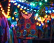 Neon bright tank top hanging in a festivalstyle tent with colorful lights, creating a vibrant and energetic atmosphere for trendy, youthful graphics