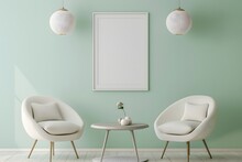 Ellipse Table And Two Chairs Near Mint Sofa Against Light Green Wall With Art Frame Poster. Scandinavian, Mid-century Home Interior Design Of Modern Living Room.