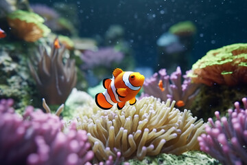 Wall Mural - Underwater marine life with colorful clownfish in an aquarium