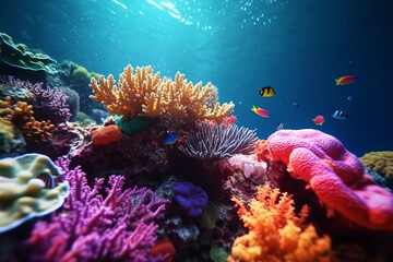 Wall Mural - Colorful fish swim among vibrant corals in the deep sea