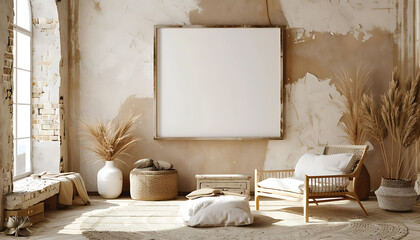 Aufkleber - nomadic boho style in a modern interior mockup with a rustic beige background with white frame