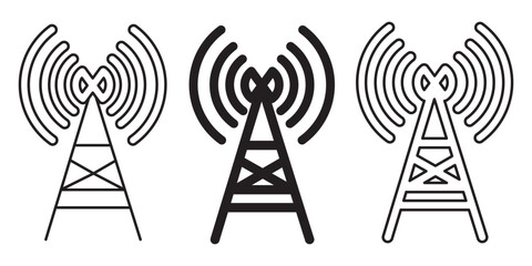 Radio tower icon set. Internet and mobile connection. Linear style. Signal set vector icons. Radio signals waves and light rays, radar, wifi, antenna and satellite signal symbols.