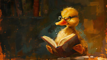 Digital Art. Duck Reading Book, Wearing Glasses, In Study Room.