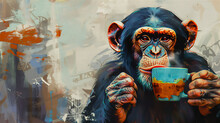 Background Abstract, Digital Art. Monkey Is Drinking Coffee In A Cafe.