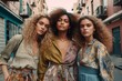 portrait of three women posing for fashion clothing brand, diverse group of girls wearing dresses in the street