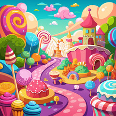 Wall Mural - birthday cake and candles, Whimsical candy land scenes with saturated, sweet colors for children’s entertainment or dessert marketing, marketing sales templates