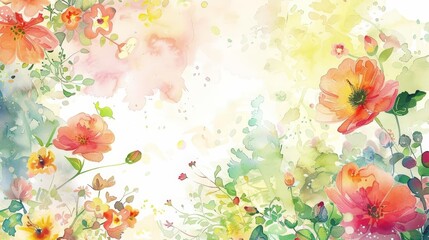 Wall Mural - floral fairytale wallpaper featuring a colorful array of flowers, including pink, orange, yellow, and red blooms, with a green leaf in the foreground
