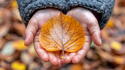 A gentle hand holding a vivid autumn leaf, symbolizing care and change in the season