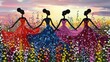 © ZitiDesign&Creative - Colorful abstract portrait of four women in flowing dresses against a floral backdrop
