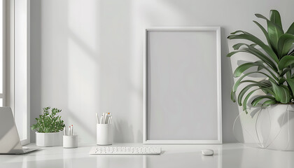 Aufkleber - workspace atmosphere with a white frame mockup, adding a touch of sophistication to the office decoration