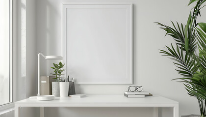 Aufkleber - workspace atmosphere with a white frame mockup, adding a touch of sophistication to the office decoration