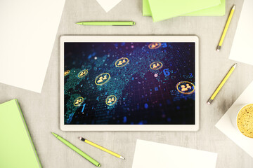 Poster - Top view of modern digital tablet screen with social network icons concept and world map. Networking concept. 3D Rendering