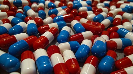 A detailed close-up of red, white, and blue vitamin capsules in an assortment