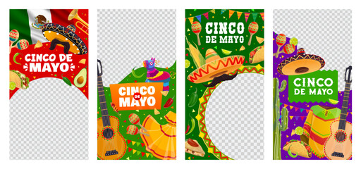 Wall Mural - Social media post templates, Cinco de mayo Mexican holiday. Vector vertical banners or frames, capture the festive spirit and cultural pride of Mexico, with national flag, sombrero, mustaches and food