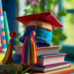 Wall Mural - A colorful graduation cap sits on top of a stack of books. The cap is adorned with colorful tassels and has a red and blue design