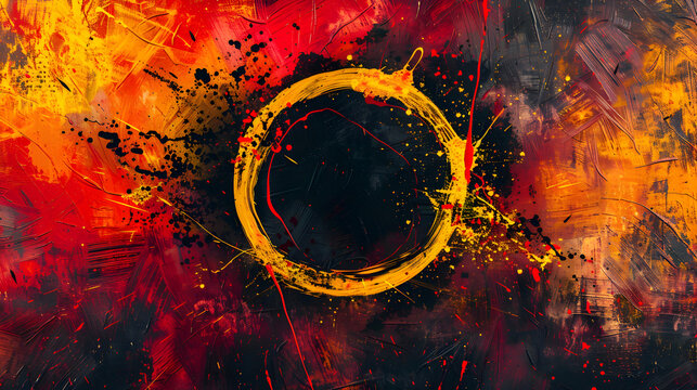 A painting of a circle with a black center and red and yellow splatters around it. The painting has a chaotic and abstract feel to it, with the splatters of paint creating a sense of movement