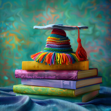 A colorful hat is on top of a stack of books. The hat is made of yarn and has a tassel on the top. The books are arranged in a pyramid shape, with the largest book at the bottom