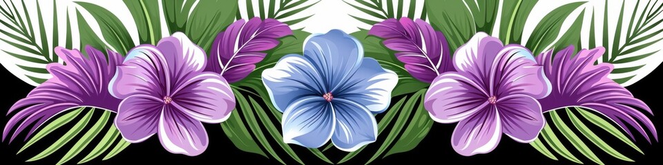 Wall Mural - Tropical floral pattern with pink and blue plumeria flowers arranged symmetrically with green palm leaves against a white background