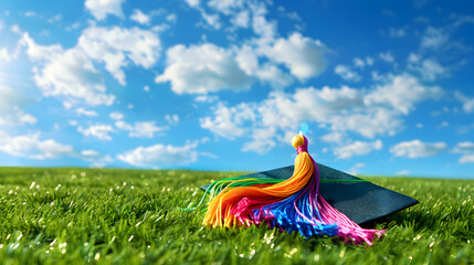 A colorful graduation cap with a rainbow tassel sits on a lush green field. Concept of accomplishment and celebration, as the cap represents the end of a significant academic journey
