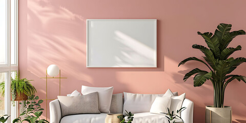 Poster - tranquility of minimalist living room with a white frame mockup enhancing the simplicity of your home decor