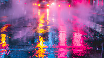 Wall Mural - A wet street with a car in the background. The car is in the middle of the street and is surrounded by a yellow and blue reflection. The reflection of the car is distorted and blurry