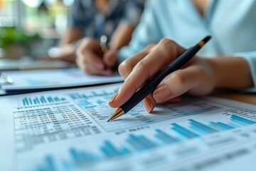 Poster - Close-Up of Business Analysis Using Financial Charts. Close-up of a business professional's hand writing notes on financial charts during a detailed data analysis session.