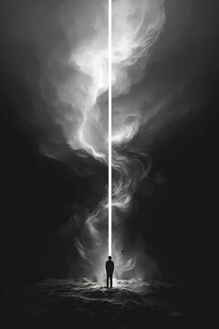 Minimalist graphic with isolated shapes. that has light penetrating through the darkness