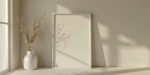 Aufkleber - serene retreat in your living space with a white frame mockup against a minimalist backdrop, exuding tranquility