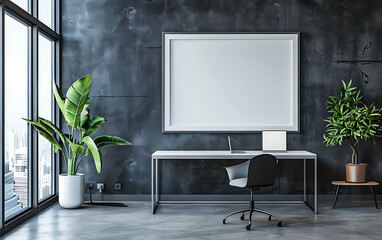 Aufkleber - workspace with a white frame mockup, embodying professionalism and sophistication in the office decor