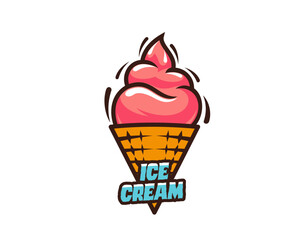 Wall Mural - Ice cream in waffle cone icon for gelato dessert or gelateria sign, line vector. Pink red Soft ice cream scoop in wafer cone, Italian gelato ice cream with strawberry berry flavor for cafe menu