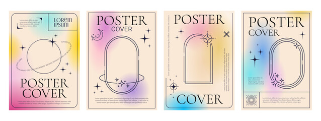 Poster - Aesthetic gradient Y2K posters and cover templates with line frames, vector backgrounds. Modern pastel color gradient posters with Y2K aesthetic geometric minimal arches and circles or stars shapes