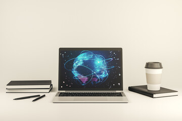 Poster - Computer monitor with abstract graphic digital world map with connections, globalization concept. 3D Rendering