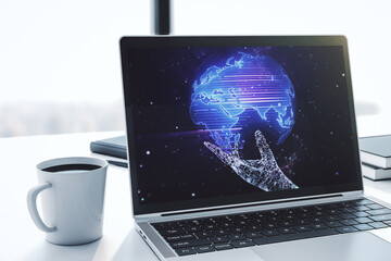 Poster - Modern computer monitor with abstract digital world map, research and strategy concept. 3D Rendering