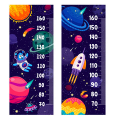 Poster - Kids height measure chart with space planets and galaxy rockets, vector cartoon ruler. Baby growth tall measure chart with funny Martian spaceman, alien UFO or spaceship rockets on galaxy background