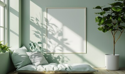 Aufkleber - bright interior render featuring minimalist decor and a white frame mockup on the wall