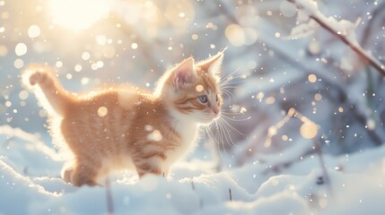 Wall Mural - A kitten in the winter snow