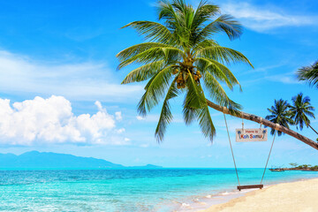 Sticker - Here is Koh Samui sign and swing on palm tree, paradise tropical island sea sand beach, Koh Phangan view landscape, ocean water, Surat Thani, Thailand, summer holidays, vacation, Southeast Asia travel