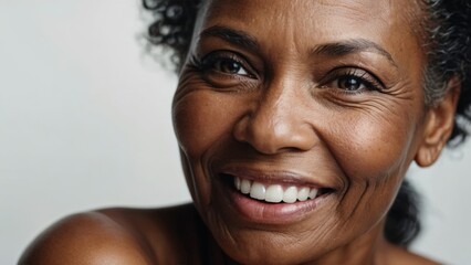 Beautiful gorgeous mid aged mature African American black woman looking at camera isolated on white close up portrait. Healthy face skin care beauty, skincare cosmetics, cosmetology concept