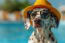 A Dalmatian Dog Wearing Sunglasses And A Hat Is Posing For The Camera On Vacation At A Swimming Pool With A Blue Sky And Sea Background. Created With Ai