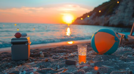 Wall Mural - Beach Party: A beach ball, a Bluetooth speaker, and a cooler on a beach at sunset, setting the scene for a beach party.