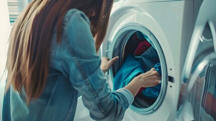 Wall Mural - Young woman putting clothes at washing machine while doing laundry